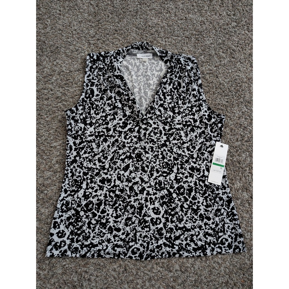 Calvin Klein Blouse Women Professional Top Black White Abstract NWT Petite Large